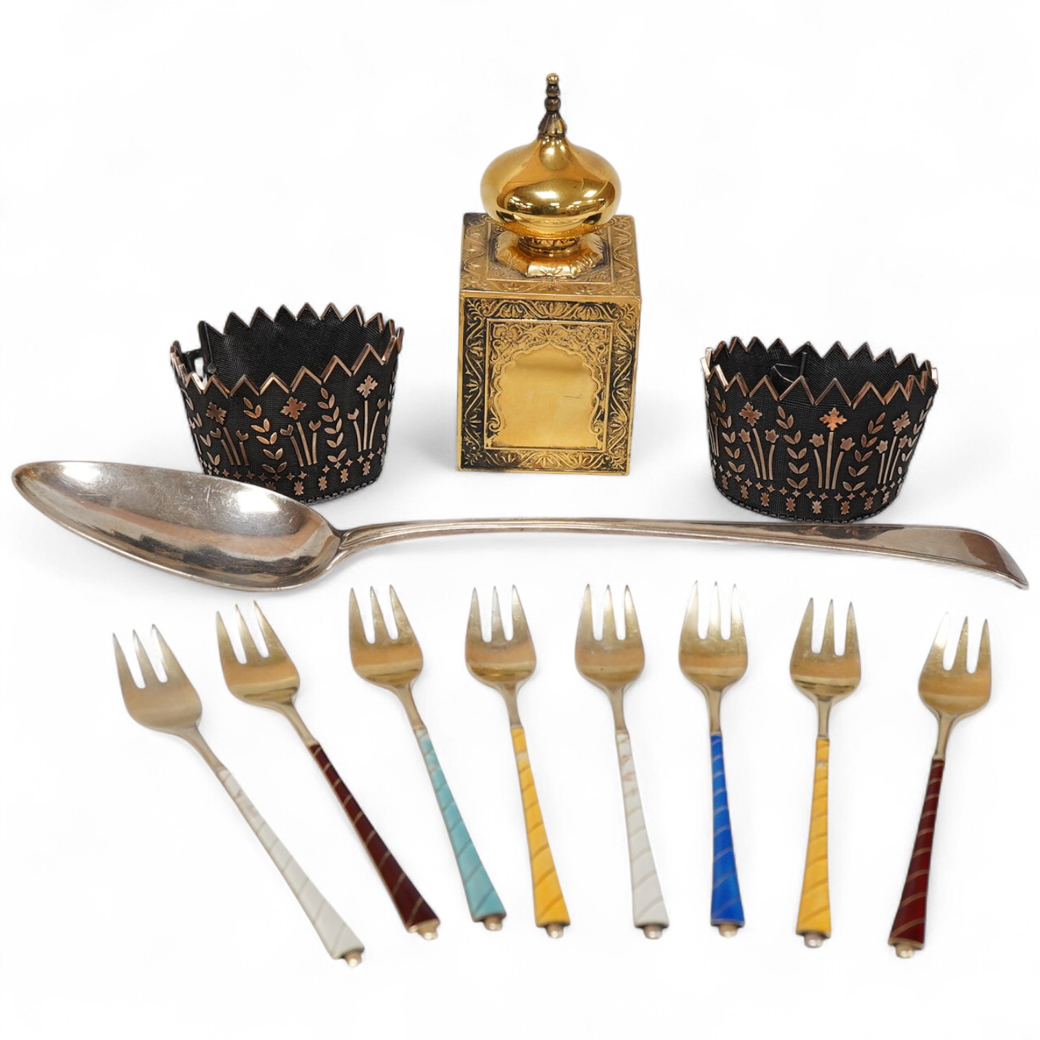 A modern silver gilt Amouage perfume bottle in the form of Oman Palace Ruwi mosque, maker possibly Asprey & Co, London, 1995, height 12.3cm, together with a George III silver Old English thread pattern basting spoon, by